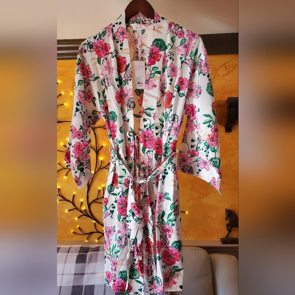 Lilly Pulitzer Silk Floral Kimono with Pink, Green & Cream Print Size S-M
